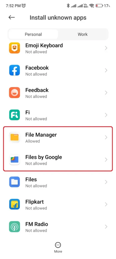 Permitir a instalação de fontes desconhecidas para o aplicativo File Manager