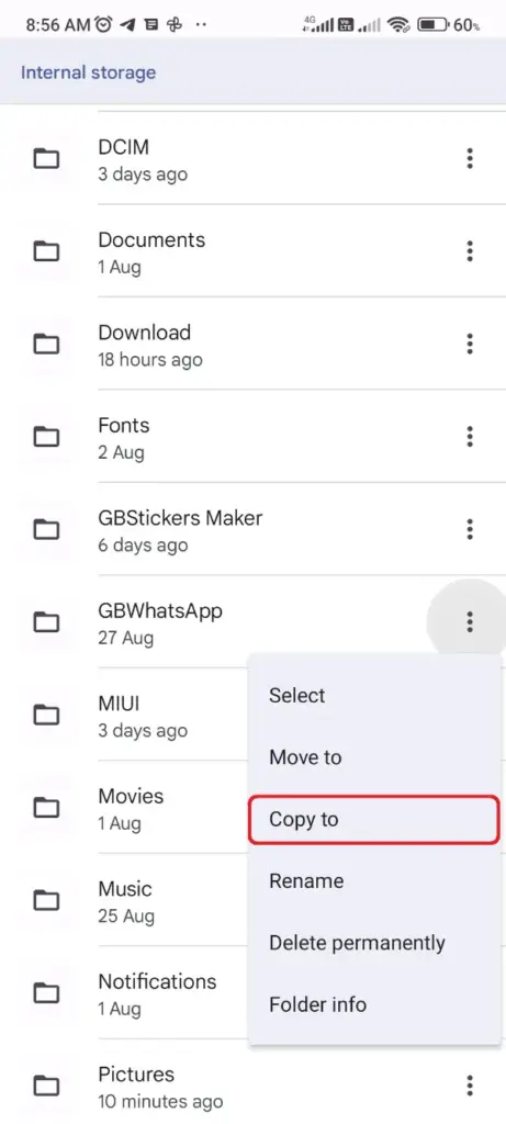 Aplicativo Google Files copiar pasta WhatsApp GB