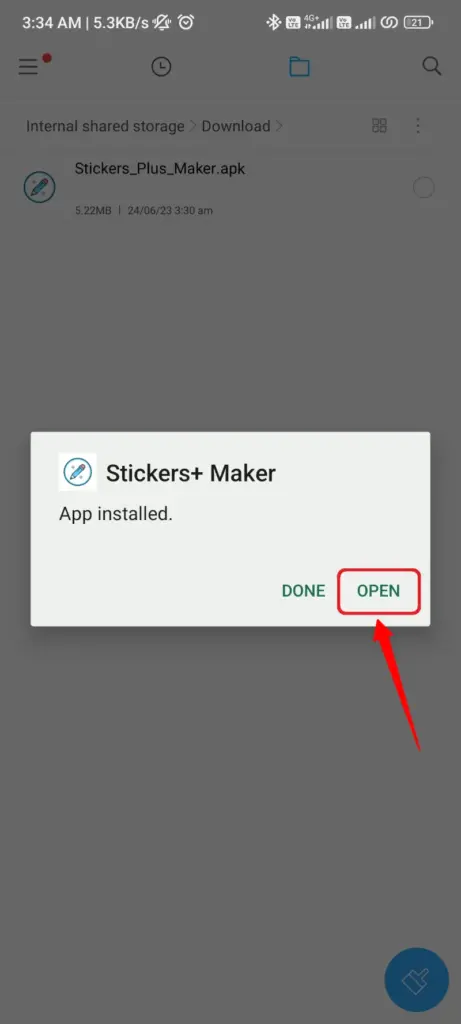 Instalação do APK do Stickers Plus Maker concluída