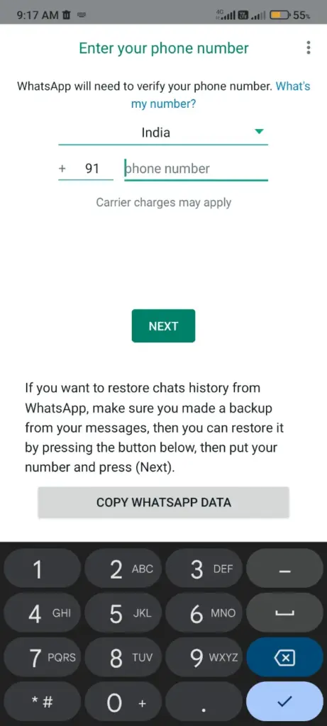WhatsApp GB Adicionar número de telefone