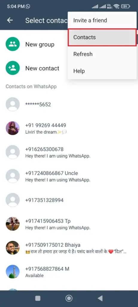 Opção de contatos do WhatsApp GB