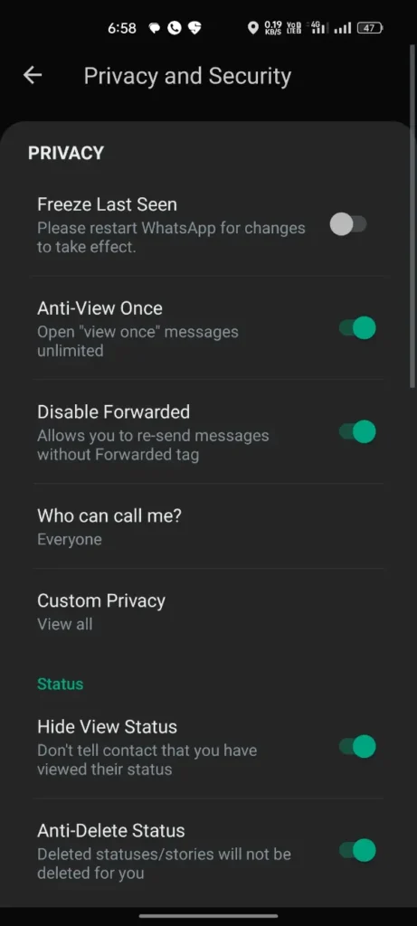Opções de privacidade do YoWhatsApp 