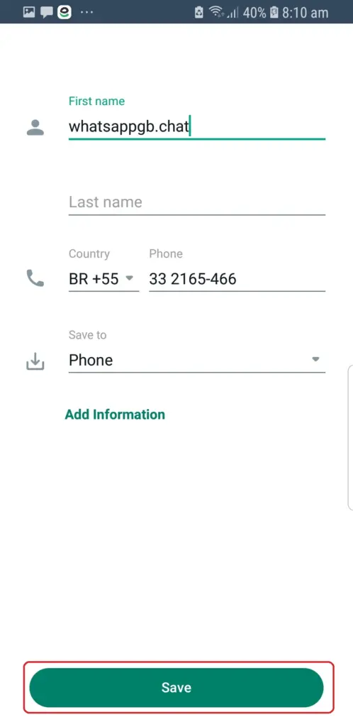 WhatsApp GB Preencher detalhes de contato